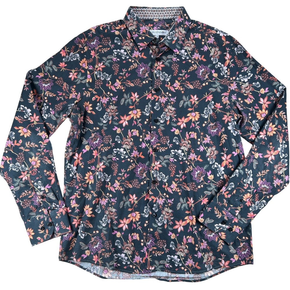 John Lennon Floral Button Down Shirt Mens Large Black Psychedelic Boho Hippie